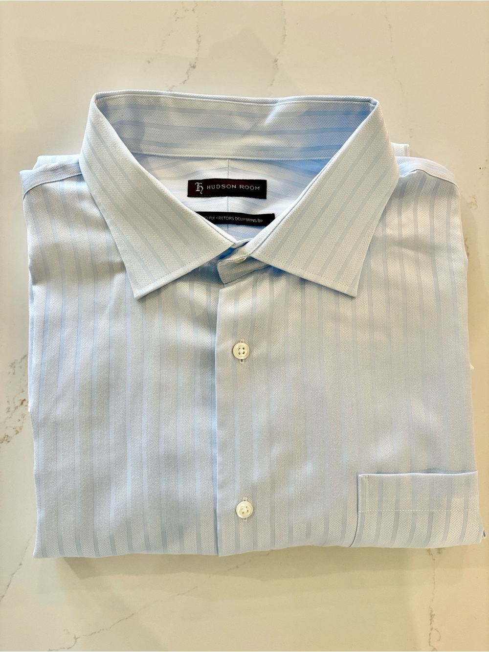 Hudson Room 80's 2 ply Blue Shirt Stripes/Herringbone cufflinks holes 17 1/2 35